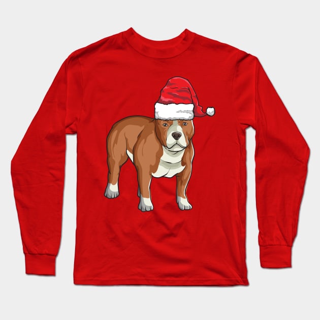 Santa Hat-Wearing Pitbull Puppy Funny Christmas Holiday Long Sleeve T-Shirt by Contentarama